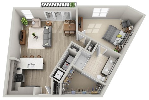 a 3d floor plan of a home with a bedroom and a living room